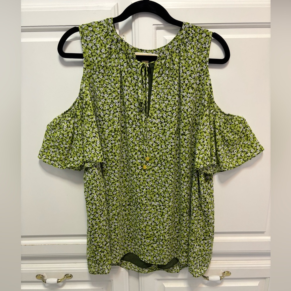 Michael Kors Green Floral Tie Front Cold Shoulder Blouse Top Women’s Size XL